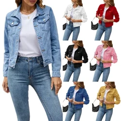 Vestes en Jean pour femmes, mode décontractée, manches longues, revers solide, boutonné, poche poitrine, Slim, manteau d'automne et d'hiver