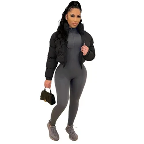 Crop Nóc Áo Khoác Nữ Dây Kéo Màu Đen Cổ V Dài Tay Nữ Ấm Áp Xuống Ngắn Parkas Áo Khoác Áo Khoác Ngoài Áo Khoác Ngắn