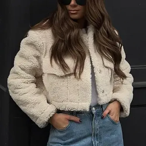 Uformell Faux Lammeull Kort Dame Vinterkåper 2023 Langermet Turn Down Krage Lomme Høstjakker Dame Varm Streetwear