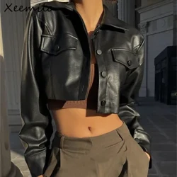 Xeemilo Thu Giả Da Áo Khoác Ngắn Y2K Cổ Bẻ Thời Trang Hình Nút Trang Trí Áo Khoác PU 2022 Đường Phố Đường Phố Thường Ngày Áo Khoác