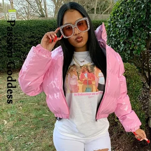 Mode mignon femmes brillant PU rose doudoune hiver chaud bulles manteaux en cuir brillant Parkas vers le bas fermeture éclair recadrée vestes Parkas
