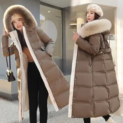 Mùa Đông 2022 Mới Xuống Cotton Parkas Áo Khoác Nữ X-Dài Lông Thú Giả Cổ Áo Đệm Dày Rời kích Thước Lớn Áo Đệm