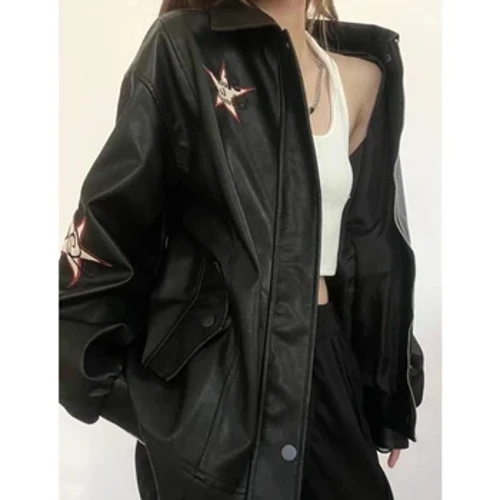 MEXZT Streetwear Pu Siacedi Lledr Merched Gôt Brodwaith Rhy Fwy Harajuku Vintage Troi i Lawr Coler Dillad Allanol Achlysurol Rhydd