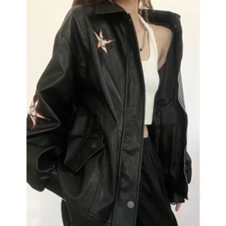 MEXZT Streetwear Pu Kožené bundy Ženy Oversized Výšivka Kabát Harajuku Vintage Golier s otočením dole Voľné Ležérne vrchné oblečenie