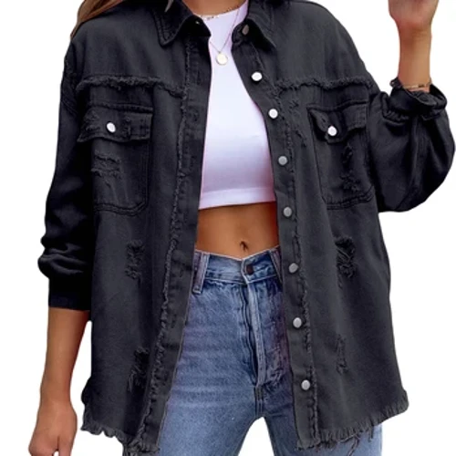 Fashion Wanita Kasual Robek Jaket Denim Tertekan Mantel Jeans Lengan Panjang Jaket Trucker Kancing Turun