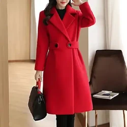 Fall Winter Women Overcoat Thick Solid Color Turn-down Collar Long Sleeve Cardigan Belted Button Mid Length Loose Lady Coat