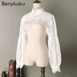 Tunrn Yoqa uzun yengli o'ralgan dantelli jingalak tops Ayollar oqlangan moda shaffof yelka qisib 2024 asosiy partiyasi Bolero paltosi