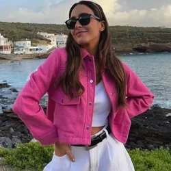 Mga Jacket ng TRAFZA na Pambabaeng Button Down Turndown Collar Jacket na May Mga Pocket Taglagas Taglamig Babae Elegant Solid Coat Streetwear