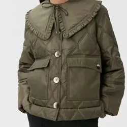 Cwilt Ruffled Math Byr Parkas Côt Merched 3 Lliw Coler Troi i lawr Cardigan Llewys Hir Siaced Merched Breasted Sengl