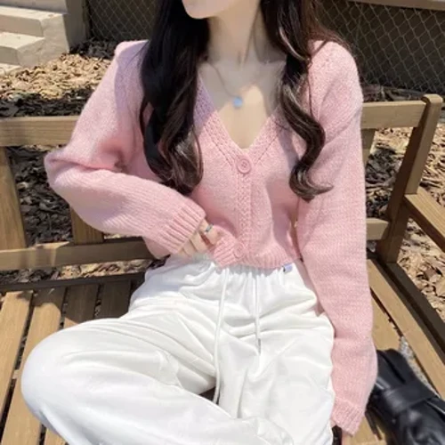 Damen Hierscht Long-sleeve Pullover Cardigan Sexy V-Hals Button Down Cropped Jacket Séiss zolidd Candy Faarf Loose Knitted Outwear