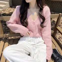 Frauen Herbst Langarm Sweater Strickjacke Sexy V-Ausschnitt Button Down Cropped Jacke süße solide Süßigkeiten Farbe Loose Strick Outwear