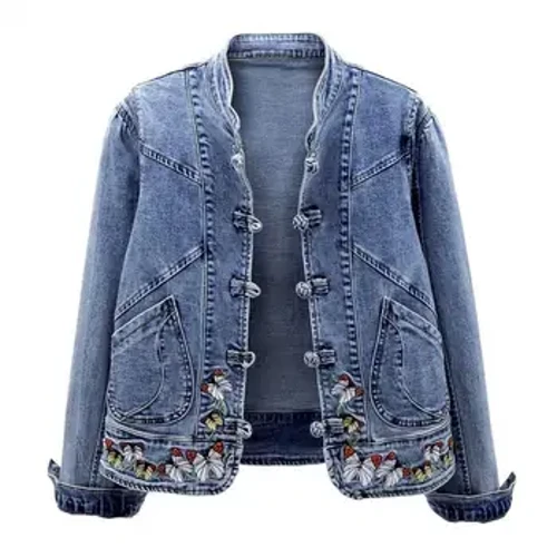 Mulheres retro jaqueta jeans elegante estilo chinês casaco jeans com bordado para mulher fino ajuste jaqueta de manga longa com turn-down