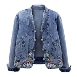 Kadın Retro Denim Ceket Zarif Çin Tarzı Denim Ceket Kadınlar için Nakış ile Slim Fit Uzun Kollu Ceket Turn-down
