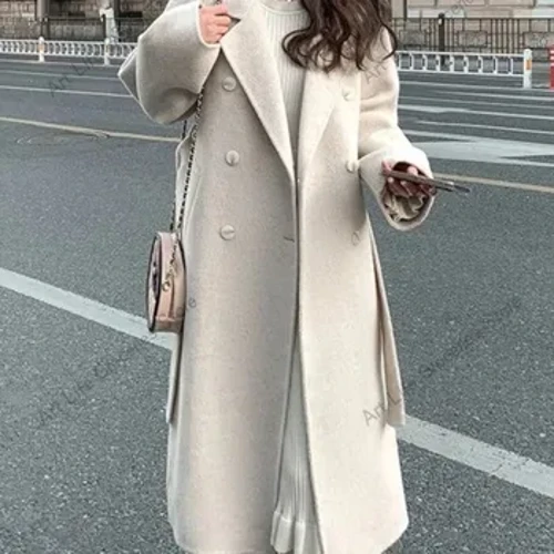 Koreai divatos női alkalmi laza gyapjúkabát Elegáns és elegáns tömör felsőruházat, hosszú felöltő öves női meleg köpennyel