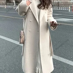 Koreansk mote kvinner Uformell løs ullfrakk Elegant og elegant solid yttertøy Lang frakk med belte, varm kappe for kvinner