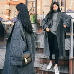 Mantel Wanita Kotak-kotak Tweed Wol Hangat Jaket Panjang Wanita Mantel Fashion Korea Pakaian Luar Jas Parit Pakaian 2023 Musim Gugur Musim Dingin