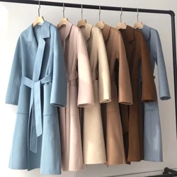 Koreanske kvinner Håndlaget Hepburn Corrugated Water Ripples Coat Dobbeltsidig Cashmere Ull Lang ulljakke Cashmere Coat