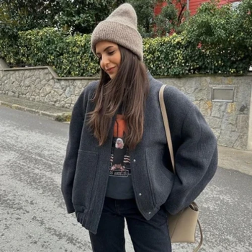 RR2311 WOL BLANDEN Bombers Jassen Outzizo met knop Solid Solid Sleeve Top Coat Casual Losse Winter Warm Woman Traf Jackets