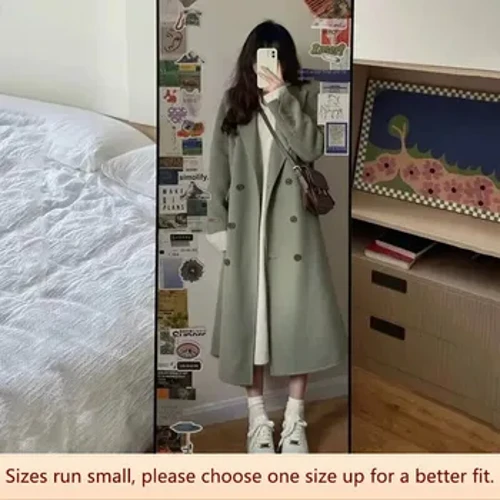 Warm Solid Color Medium-length Woolen Trench Coat Para sa mga Babaeng Estudyante Loose-fit Autumn/winter Season Overcoat