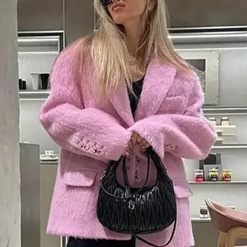 Cotiau Plush Gwlân Cain Pinc Merched Lapel Llawes Hir Siacedi Blazer Rhydd Breasted Sengl Pecyn Ffasiwn Gaeaf Côt Arglwyddes