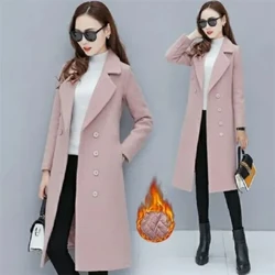 Damen-Wollmantel, Samt 2023, zweireihiger Wollmantel für Damen, Frühlings- und Herbstwollmantel, modischer Anzugkragen Dicker Trenchcoat