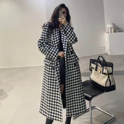 Mode Houndstooth imiteret uldjakke Kvinder efterår Koreansk Elegant enkeltradet lang overfrakke Vinter tyk varm blanding overtøj