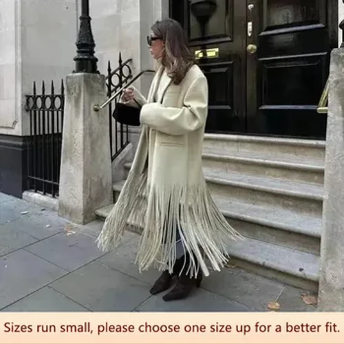 Outono feminino de comprimento médio com franjas trench coat mistura estilo solto