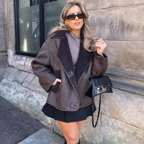 TRAF Woman Thick Faux Leather Jackets para sa Babae Coat Autumn Winter Warm Wool Blends Coats Demi-season Plush Jacket Outerwear