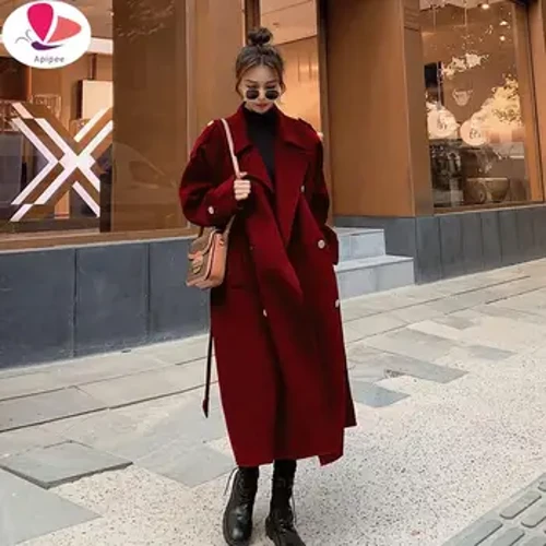 APIPEE Зимно улично облекло Дебело топло двуредно дълго горно облекло Корейско модно палто от вълнена смес Дамско класическо яке с колан