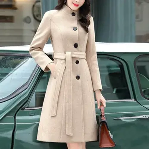 Manteau en laine mi-long pour femme, Trench-Coat à col montant, couleur unie, poches à simple boutonnage, pardessus Streetwear, automne hiver