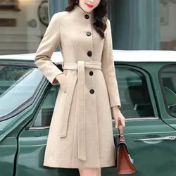 Hierscht Wanter Fraen Wollen Mantel Mëtt Längt Stand Kragen Trench Coat Solid Faarf Single-Breasted Taschen Overcoat Streetwear