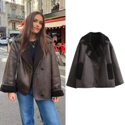 TRAF 2023 Wanita Tebal Jaket Kulit Imitasi untuk Wanita Musim Gugur Musim Dingin Hangat Campuran Wol Mantel Demi-musim Jaket Mewah Pakaian Luar