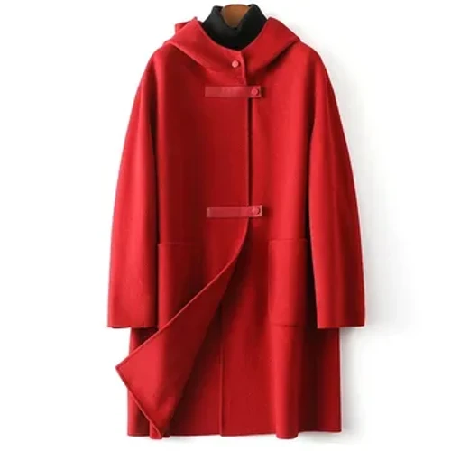 Moda com capuz dupla face casaco de caxemira feminino 2024 outono inverno dupla face de lã blusões temperamento fino casacos de lã