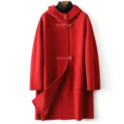 Thời Trang Có Mũ Trùm Đầu 2 Mặt Cashmere Áo Khoác Nữ Thu Đông 2024 Len 2 Mặt Áo Gió Tính Khí Ôm Áo Khoác Len