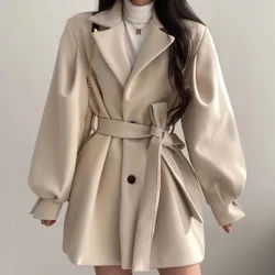 HELIAR Wanita Tombol Lace-Up Trench Coat dengan Kantong Wol Turn-Down Kerah Lengan Panjang TRAF Mantel Mantel Wanita Musim Gugur Musim Dingin