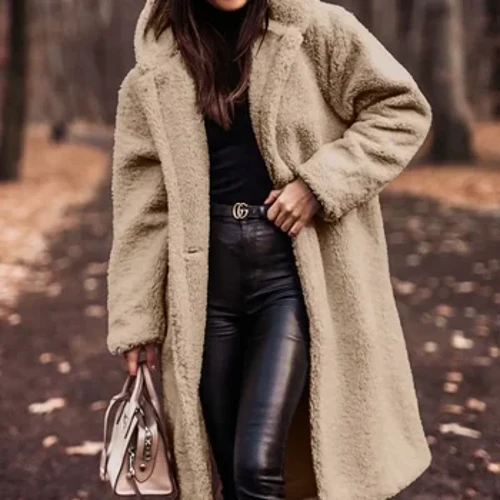 2024 Bahar Yün Kadın Uzun Ceket Siyah Kapşonlu Cep Kalın Sıcak Ceket Kadın Polar Yeni Siper Trendy Moda Bayan Giysileri