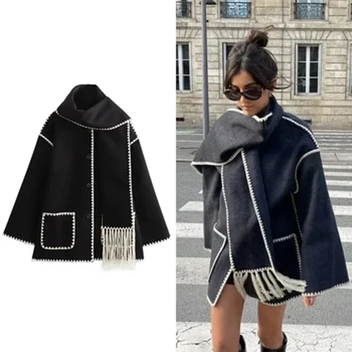 ZABA Scarf Scaoilte na mBan Jacket Póca Muinchille Fada Faisean seaicéad Sráide Tiubh Cóta Olann Galánta Seaicéad Te Aon Chíche