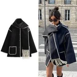 ZABA Wanita Syal Longgar Lengan Panjang Saku Jaket Fashion Tebal Street Jaket Mantel Wol Elegan Single-Breasted Hangat Jaket