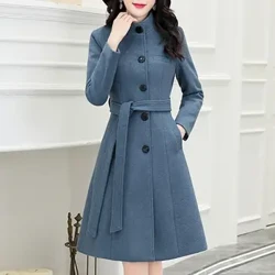 Gaya Wanita Mantel Wol Lengan Panjang Musim Gugur Musim Dingin Tombol Slim Fit Mantel Wol Elegan Wanita Mantel untuk Kantor