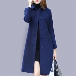 Ny mode britisk uldfrakke med massiv knap Damer Langærmede Jakker Kvinde Elegant Pocket Slankt Outfit Mujer