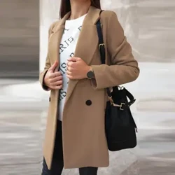Mantel Wol Panjang Sedheng Elegan Musim Gugur lan Musim Dingin Jaket Wol Kerah Kancing Ganda Jaket Wanita Jaket Luar Korea Trench