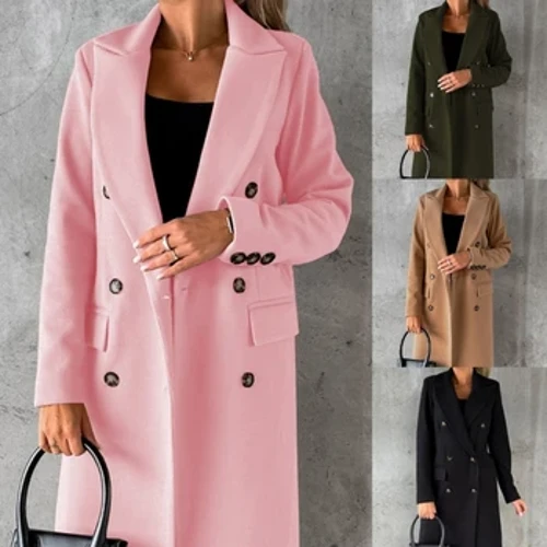 Coler Lapel Rhych i Ferched Côt Bys Breasted Dwbl Cotiau Gwlân Gaeaf Cyfuniad Côt Dros Siacedi Hir Dillad Allanol gyda Phocedi