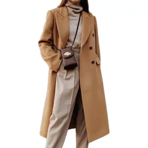 Wollen Kostüm Jacket All-Match Klappe Taschen Laang Ärm Solid Faarf Long Wollen Elegante Mantel Wollen Kostüm Mantel Windproof