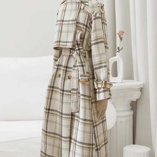 Lautaro Autumn Winter Long Loose Warm Plaid Wool Blends Trench Coat para sa Babae Raglan Sleeve Belt Double Breasted Woolen Overcoat
