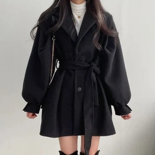 Côt Wlân Merched Hydref Gaeaf Cain Corea Solid Trwchus Cynnes Canol Hyd Lapel Belt Siaced Swyddfa Lady Slim Trendy Outwear