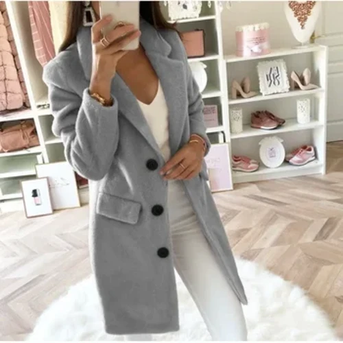 Pākuʻi huluhulu ʻelua ma ka ʻaoʻao lōʻihi o ka wā Autumn thin thin Wool Jackets Women Suit Collar Mid-Length Solid Color Bleads Coats