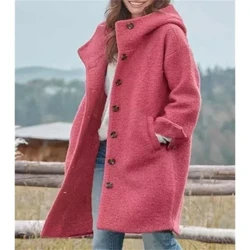 Frae Long-sleeve Single Breasted Hooded Woolen Long Coat Fraen Solid Faarf Loose Cardigan Trench Coat Hierscht Wanter Woolen Coat