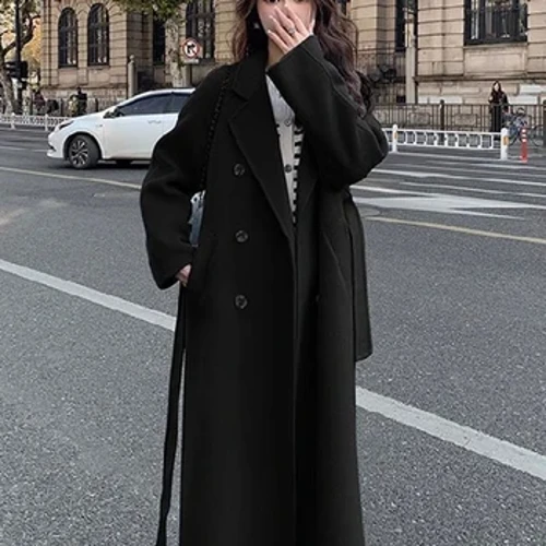 Siaced Merched Lace i fyny Syml 2024 Gwanwyn Corea Faux Wlân Llewys Llawn Côt Midi Breasted Dwbl Merched Achosol Amrywiol Outwears Rhydd