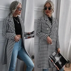 Herbst-Winter-Wolljacke für Damen mit Hahnentrittmuster, elegant, modisch, kariert, langärmlig, Reversknopf, lockerer Mantel, Trenchcoat, Windjacke, Oberbekleidung