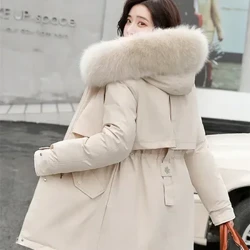 Casaco de inverno baixo preço à venda feminino bege adicionar lã grosso calor pele com capuz parkas jaqueta 2023 nova moda cinto casaco de algodão fino